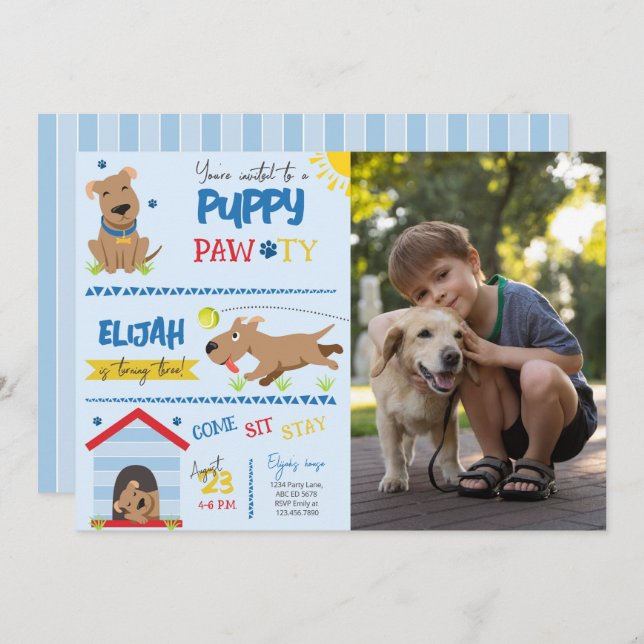 Boy Puppy Birthday Pawty Photo Invitation (Front/Back)