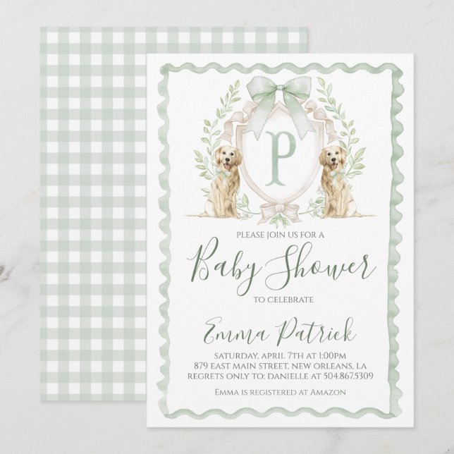 Boy Puppy Dog Baby Shower Preppy Sage Green  Invitation (Front/Back)