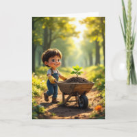 Boy Pushing a Tree Sapling In a Wheelbarrow