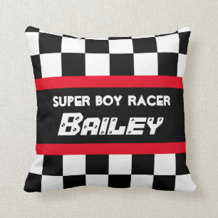 Boy racer red black chequered flag name pillow