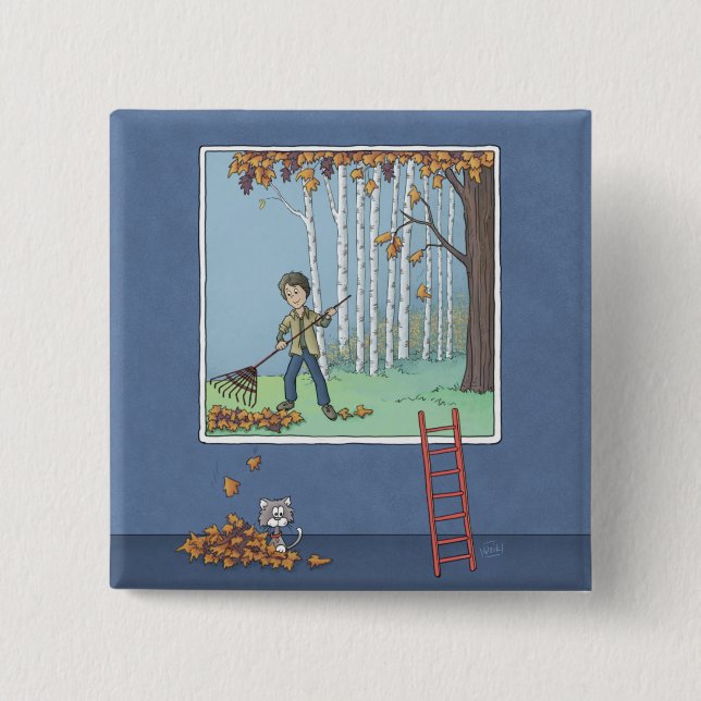  Boy raking leaves  Button (Front)