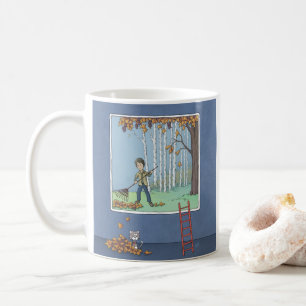 Boy raking leaves coffee mug