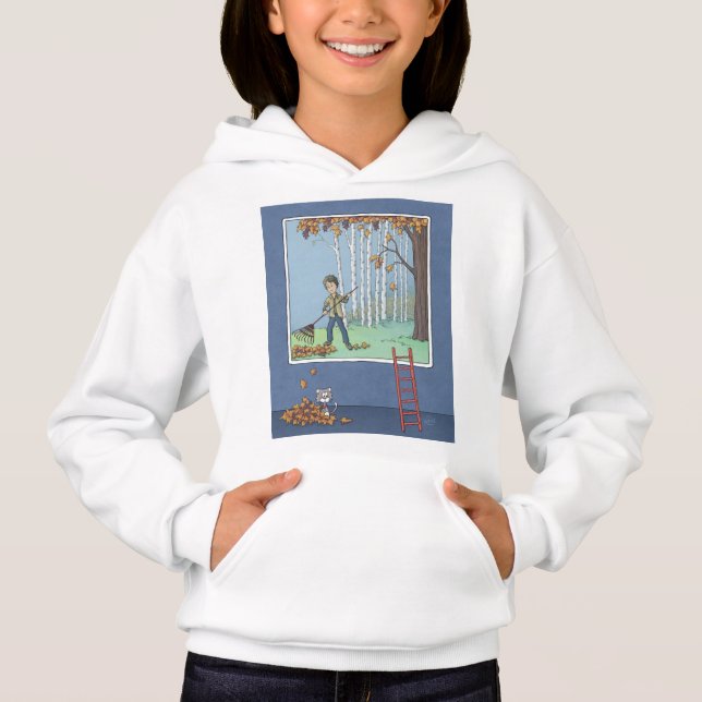 Boy raking leaves   hoodie (Front)