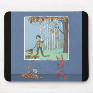 Boy raking leaves mouse pad