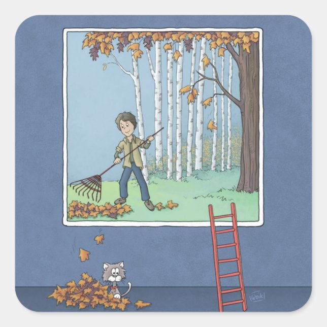 Boy raking leaves     square sticker (Front)