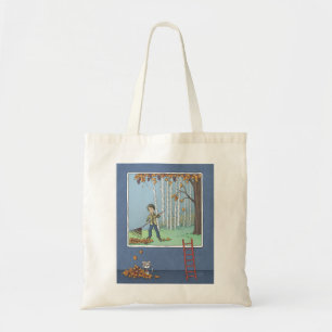 Boy raking leaves tote bag