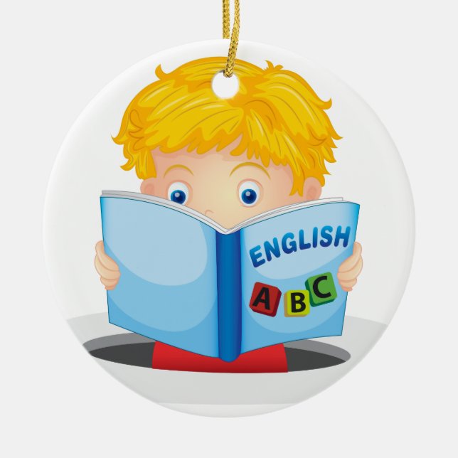 boy reading book ceramic tree decoration (Front)