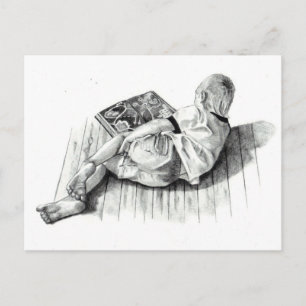 BOY READING BOOK: PENCIL REALISM ART POSTCARD