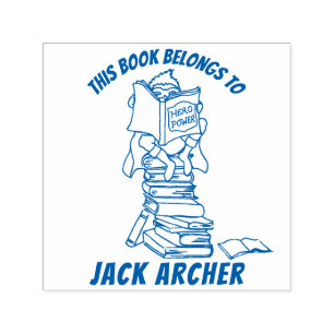 Boy reading books name kids library stamp
