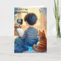 Boy Reading Books with Cat Birthday