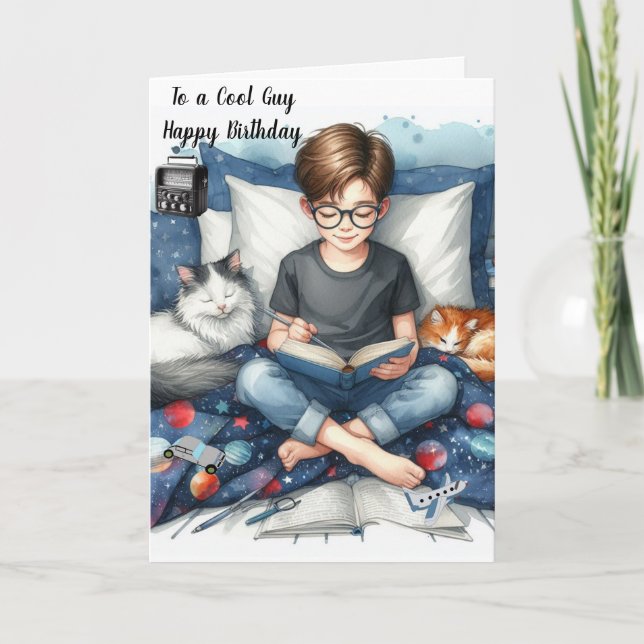 Boy Reading Books with Cats Birthday  Card (Front)