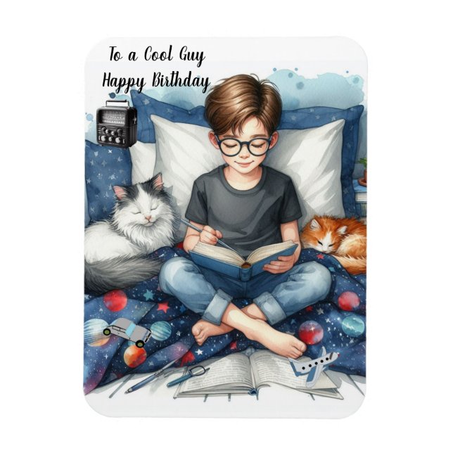 Boy Reading Books with Cats Birthday  Magnet (Vertical)