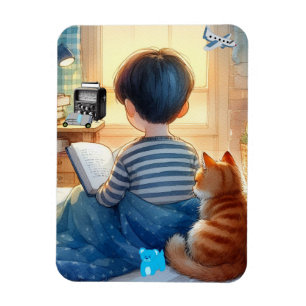 Boy Reading Books with His Cat Magnet