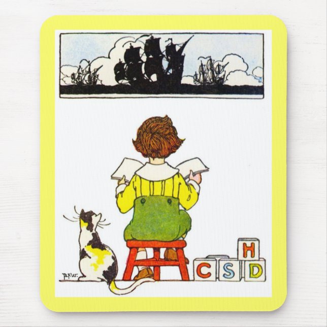 Boy reading mouse mat (Front)