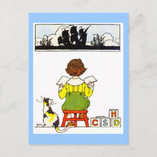 Boy reading postcard