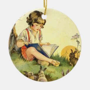 Boy reading under tree with rabbits ceramic tree decoration