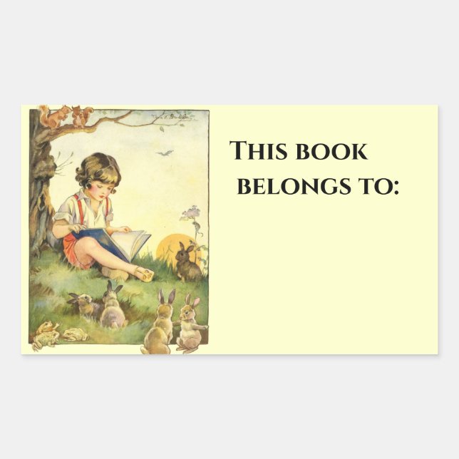 Boy reading under tree with rabbits rectangular sticker (Front)
