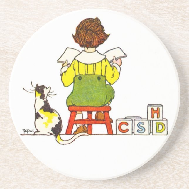 Boy reading with Cat Coaster (Front)