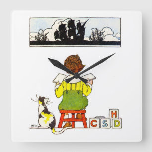 Boy reading with Cat Square Wall Clock