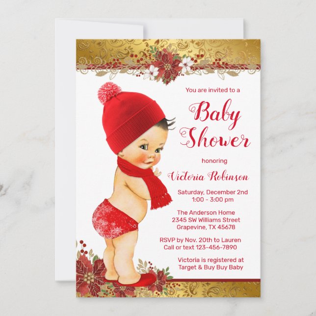 Boy Red Gold Christmas Baby Shower Brunette Invitation (Front)
