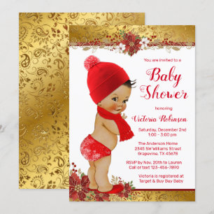 Boy Red Gold Christmas Baby Shower Ethnic Invitation