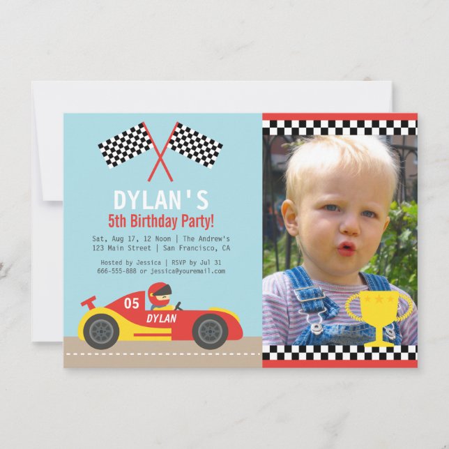 Boy Red Race Car Birthday Party Photo Invitations (Front)
