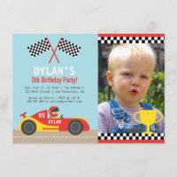 Boy Red Race Car Birthday Party Photo Invitations