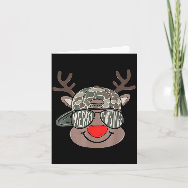 Boy Reindeer Hat Camo Hat Merry Christmas Xmas Boy Card (Front)