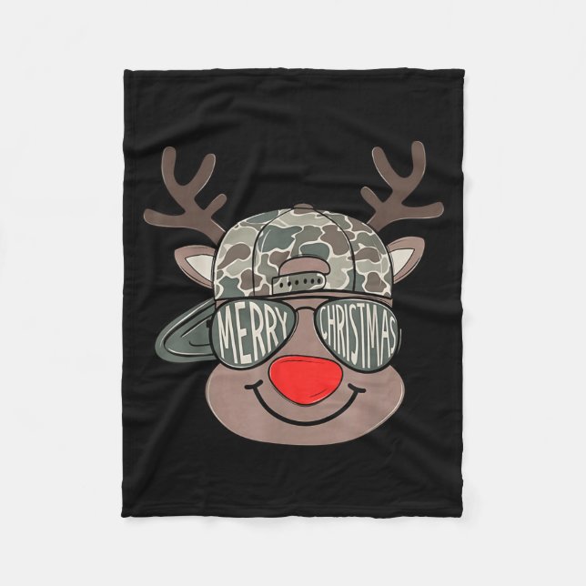 Boy Reindeer Hat Camo Hat Merry Christmas Xmas Boy Fleece Blanket (Front)