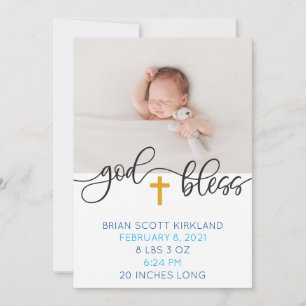 Boy Religious Cross Blue Birth Announcement
