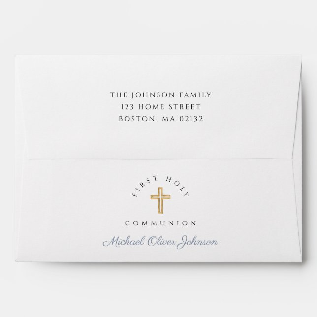 Boy Religious Cross Dusty Blue First Communion Envelope (Back (Top Flap))