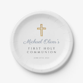 Boy Religious Cross Dusty Blue First Communion Paper Plate