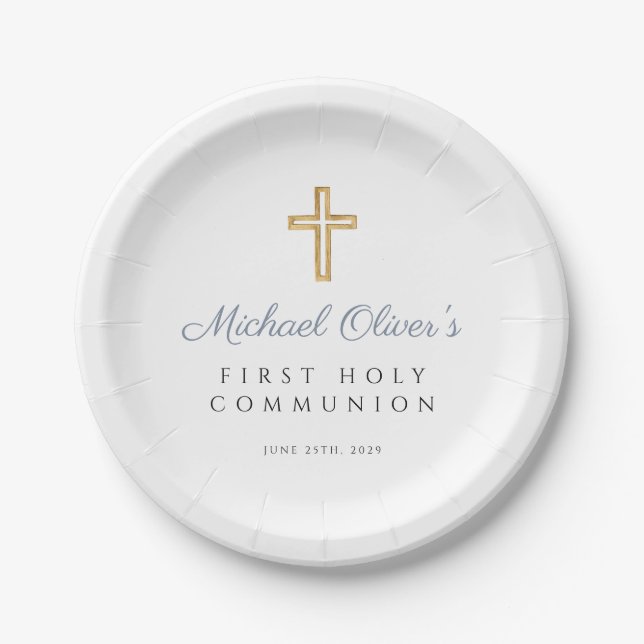 Boy Religious Cross Dusty Blue First Communion Paper Plate (Front)