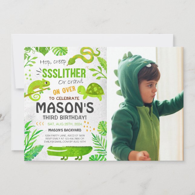 Boy Reptile Animals Birthday Photo Invitation (Front)