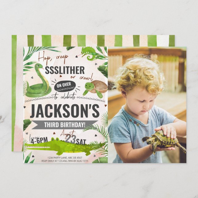 Boy Reptile Birthday Party Photo Invitation (Front/Back)
