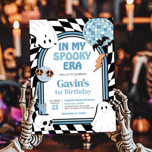 Boy Retro Ghost Halloween Birthday Invitation (Blue Retro Ghost Halloween In My Spooky Era Birthday Invitation)