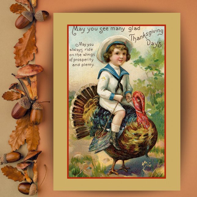 Boy Riding Turkey Custom Vintage Thanksgiving Holiday Card (Boy Riding Turkey Custom Vintage Thanksgiving Card with editable text.  Just add your name!)