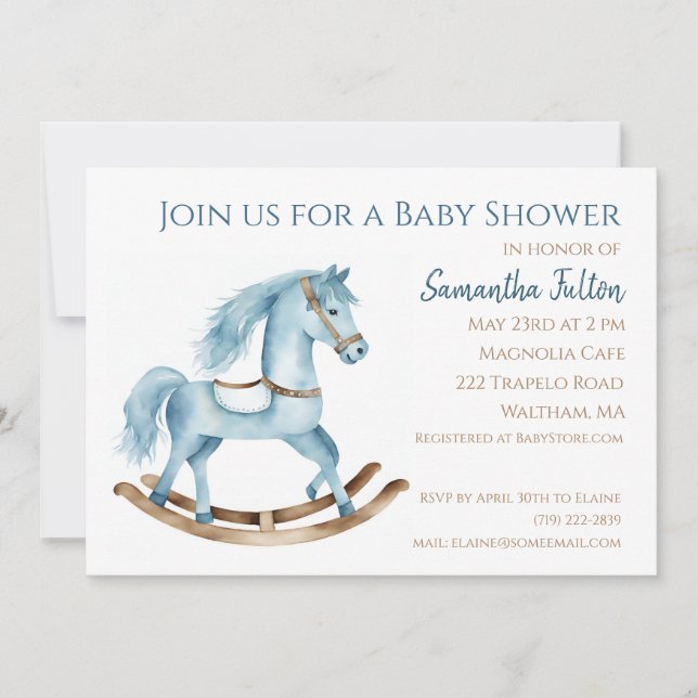 Boy Rocking Horse Baby Shower Invitation Blue (Front)