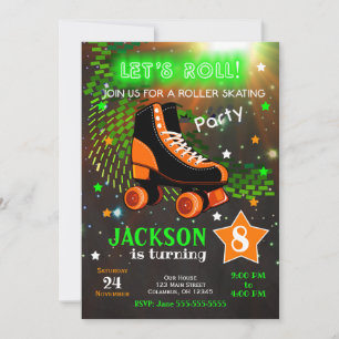 Boy Roller Skating Birthday Invitation Neon