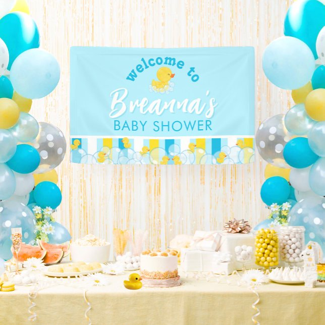 Boy Rubber Duck Baby Shower Hanging Welcome Banner (Boy Rubber Duck Baby Shower Vinyl Welcome Hanging Banner in Baby Blue on Yellow)