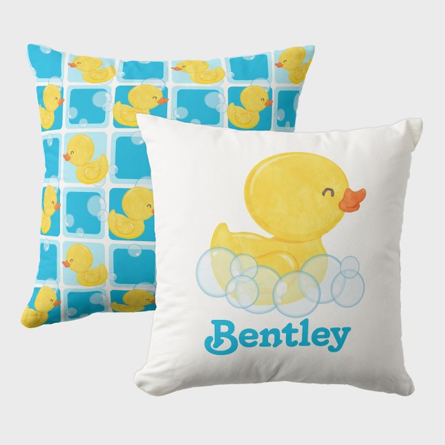 Boy Rubber Duck Personalised Name Cushion (Boy Watercolor Rubber Duck Throw Pillow Personalized with Name)