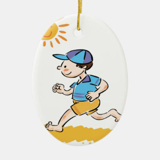 Boy running while barefoot ceramic tree decoration