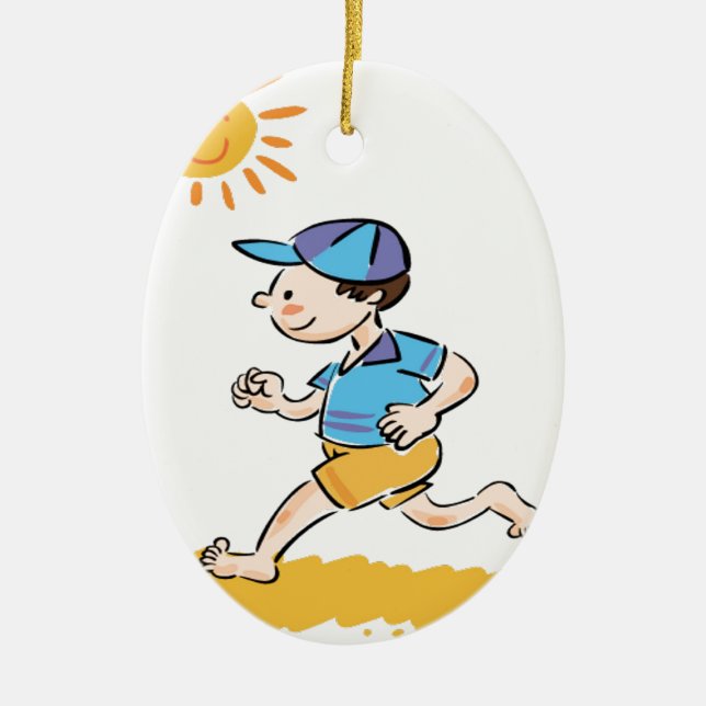 Boy running while barefoot ceramic tree decoration (Front)