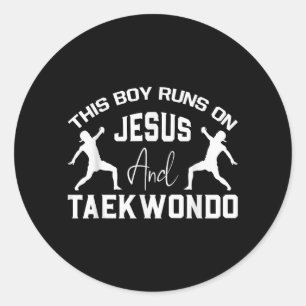 Boy Runs On Jesus and Taekwondo Christian Martial Classic Round Sticker
