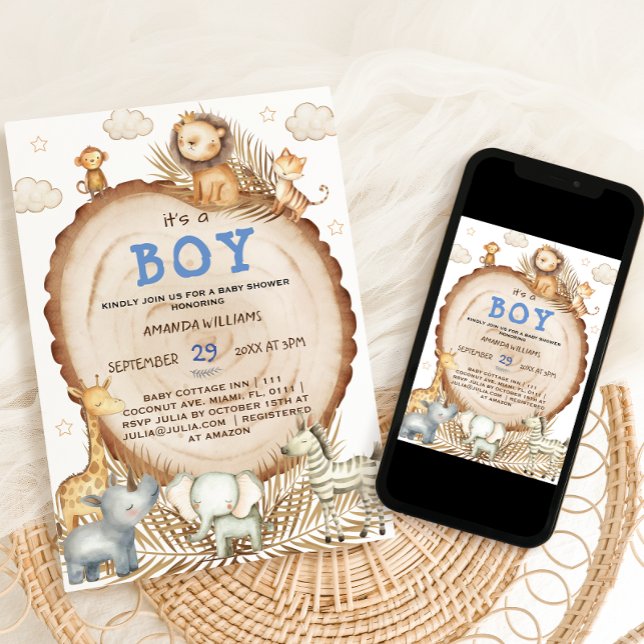 Boy Rustic Boho Safari Animals Baby Shower Invitation (Creator Uploaded)