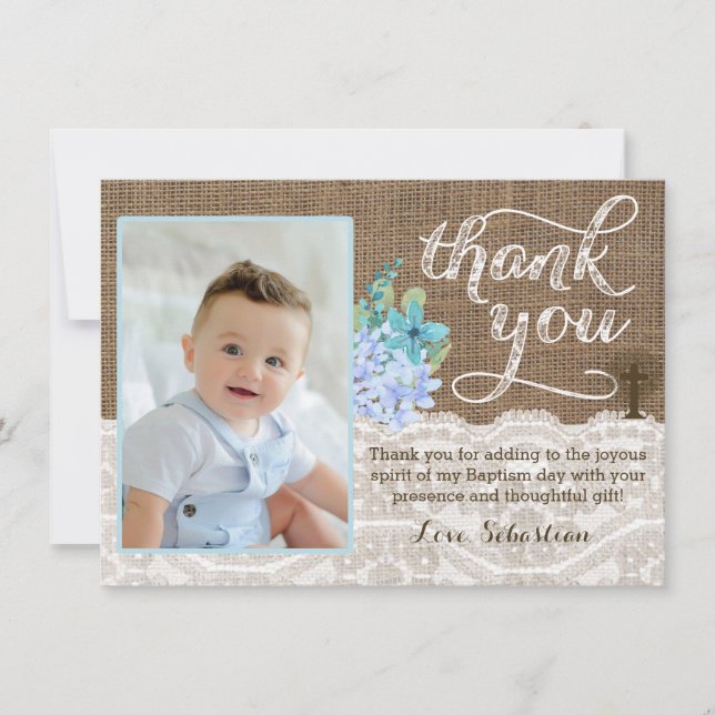 Boy Rustic Christening Thank You With Picture (Front)