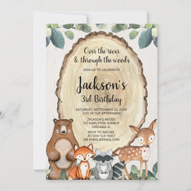 Boy rustic woodland animals any age birthday party invitation (Front)