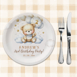 Boy’s 2nd Birthday with Teddy and Clouds Paper Plate