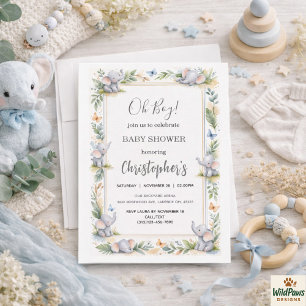 Boy’s Elephant Watercolor Baby Shower –Blue Safari Invitation