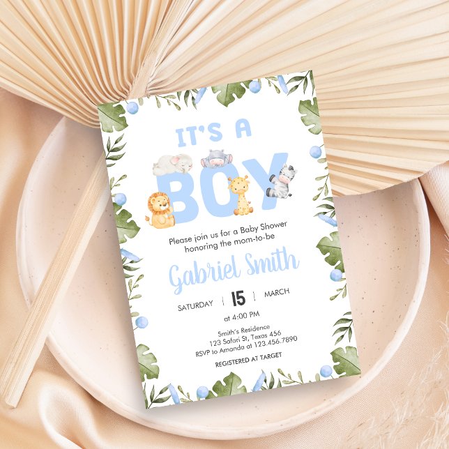 Boy Safari Animal Baby Shower  Invitation (Safari Jungle Animals Baby Shower Invitation)